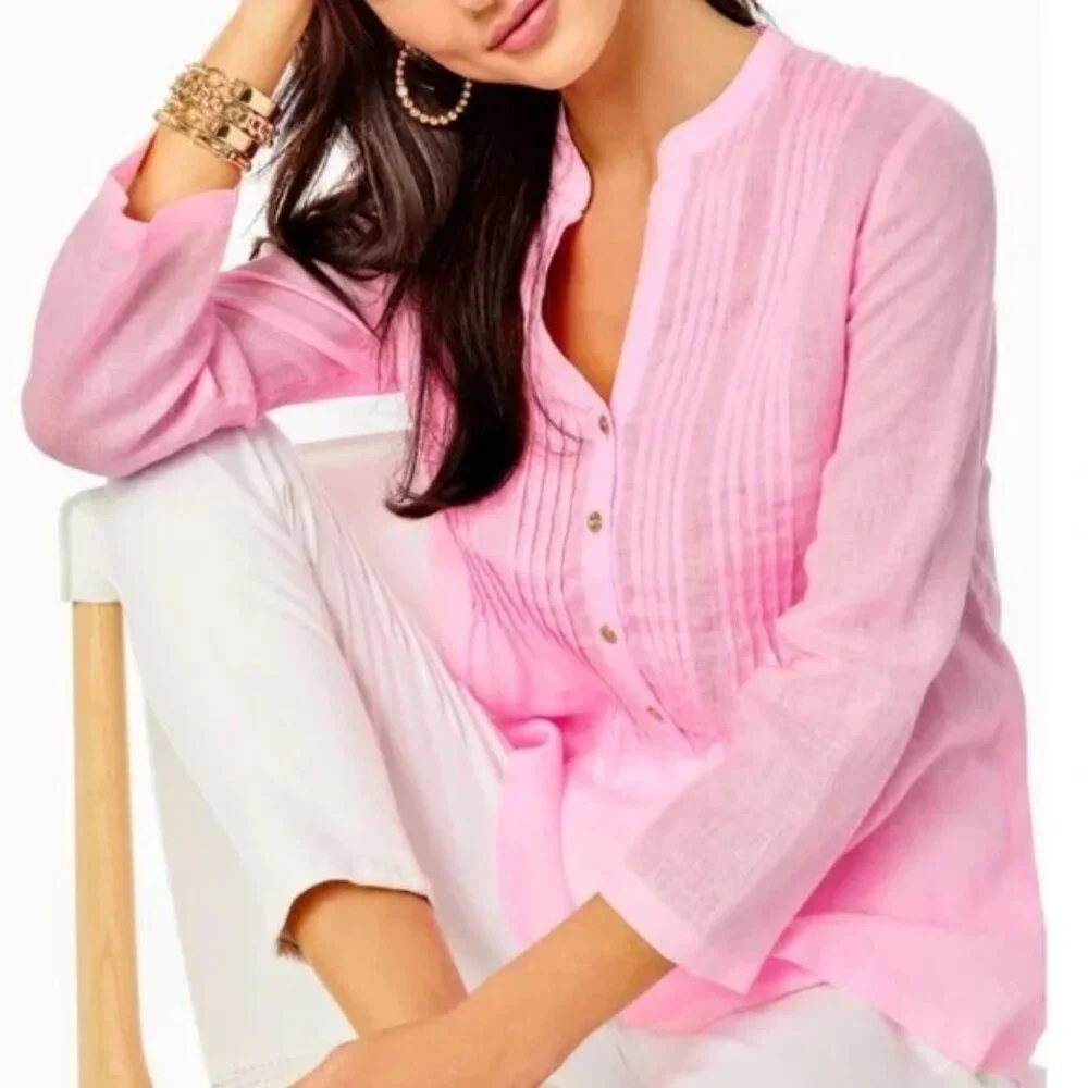 Lilly Pulitzer Sarasota Linen Tunic Top Size M Baby Pink - Picture 3 of 10